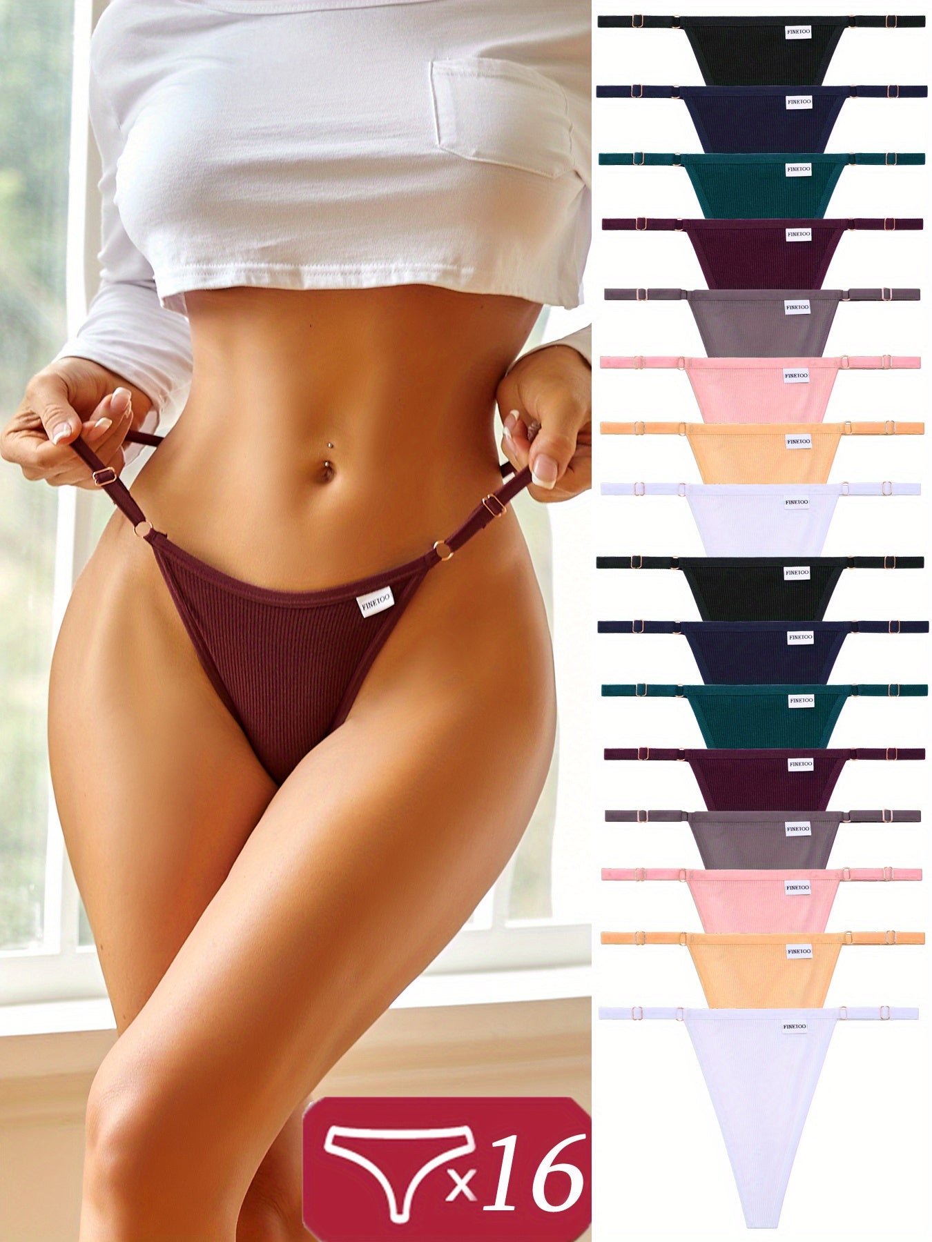 16pcs Women's Adjustable Thongs - Sexy Low-Rise G-String Panties, Comfortable Intimates Underwear in Burgundy & Assorted Colors (Dark Brown, Light Purple, Pink, Black, Navy Blue)
